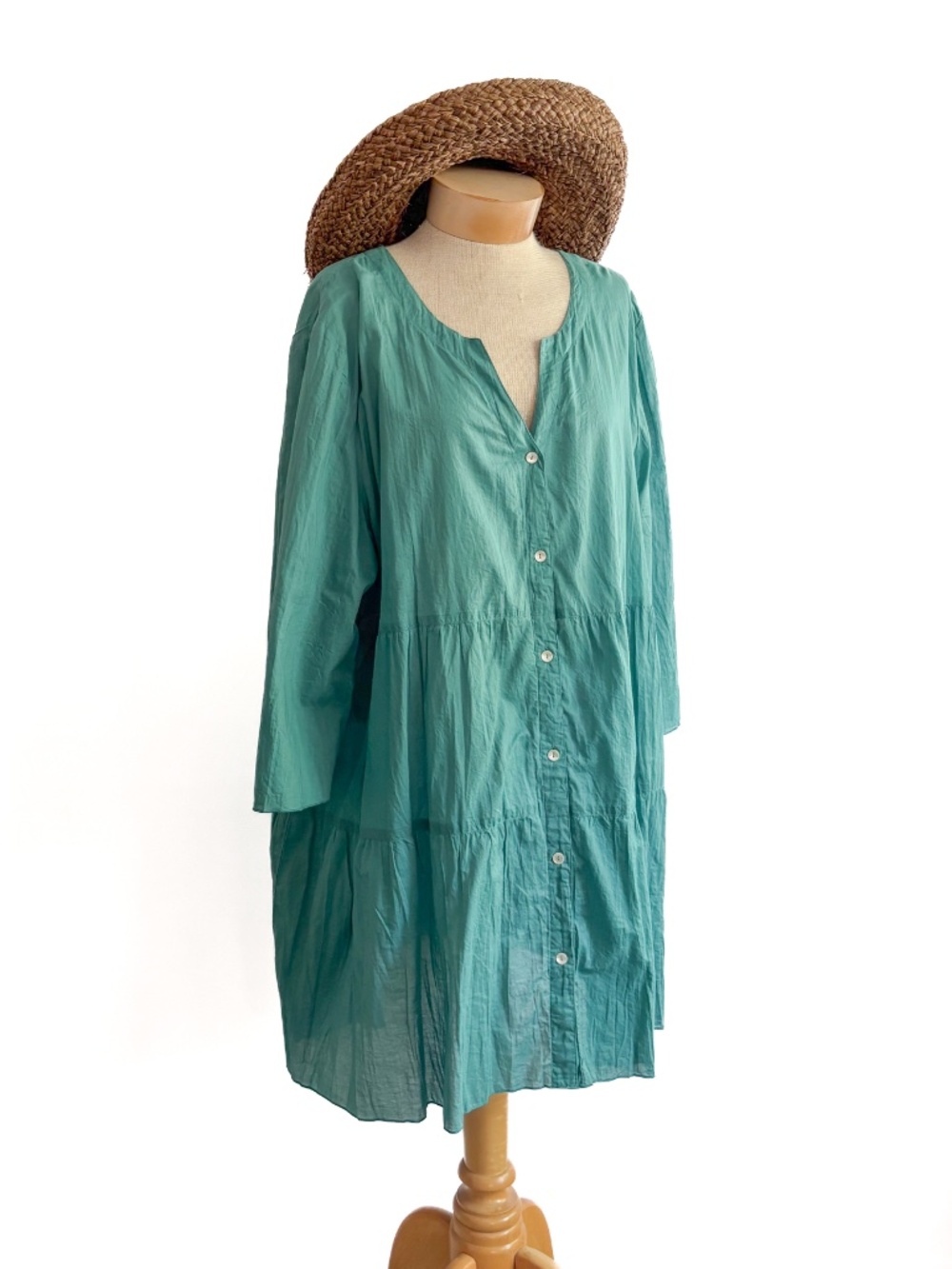 GUDRUN SJODEN Organic Cotton Teal Blue Tiered Button Up Tunic Dress Pockets XXL